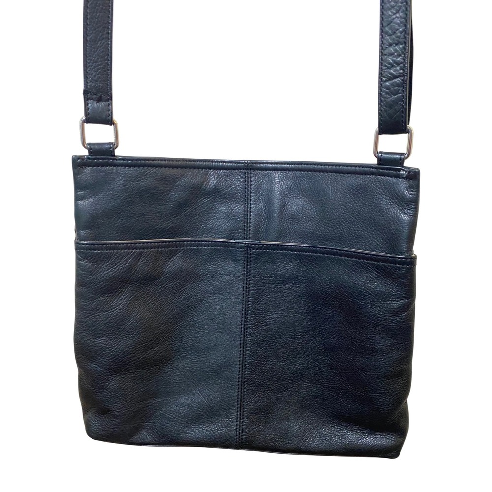 Margot Black Pebbled Leather Crossbody Bag Zip Top Messenger Travel Purse - Picture 2 of 12